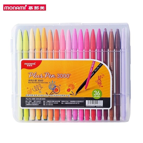 Monami plus caneta 3000 aquarela 12/24/36 cores gel caneta 0.3mm dica de fibra para escola, presente, escrita, desenho, esboçar 210330
