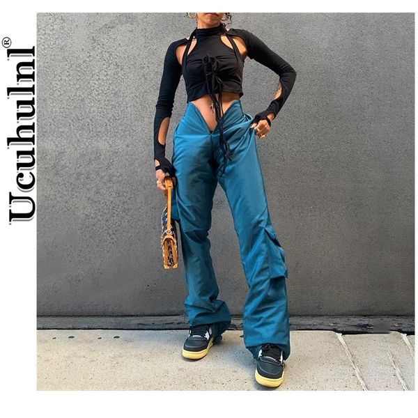 

solid patchwork women irregular high waist flare cargo pants streetwear 2021 spring summer bell pocket loose casual trousers women's &, Black;white