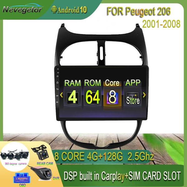 

car video 4g + 64g 9" 2din android 10 go dvd player for 206 2000 -2021 radio gps navigation wifi ips screen