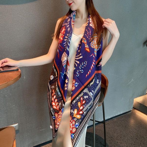 

scarves luxury 70% cashmere 30% silk scarf women fashion double-sided flower horse big shawl stole blanket bandana 135*135cm, Blue;gray
