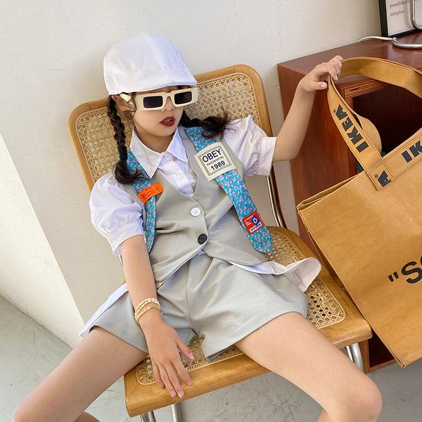

girl fashion personality tie british suit summer new medium and big childrens suit vest shorts two-piece suit girl clothes, White