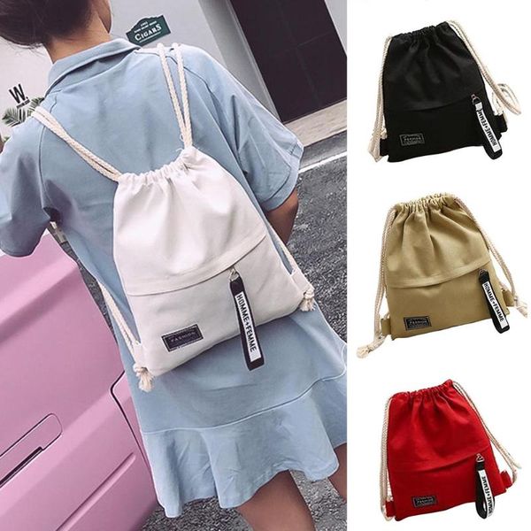 

women canvas storage drawstring bag rucksack backpack casual for school travel jl