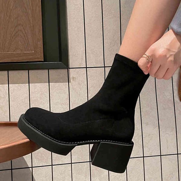

boots chunky stream platform jumps fall ankle boots female stretch-toed round toe casual punk stuffed short high-quality shoes 0inb, Black