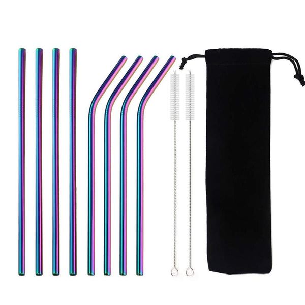 

drinking straws 1/4/8pc metal straw set reusable 304 stainless steel with brush eco-friendly rainbow for mugs 20/30oz