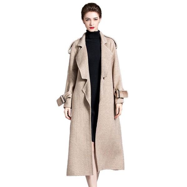 

women's wool & blends fashion long coats lady autumn winter warm cashmere outwear oversize clothing trench coat s8737, Black