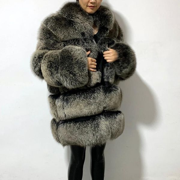 

women's fur & faux rf0220 luxury coat women super warm high qualty long sleeve natural, Black