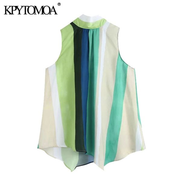 

women fashion with bow striped soft touch asymmetry blouses high neck sleeveless female shirts chic 210420, White