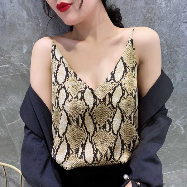 Moda Leopar İpek Tops Kadın Saten Tankı Kadın Seksi Artı Boyutu V Yaka Yılan Baskı Tees Streetwear Camis Lady 210531