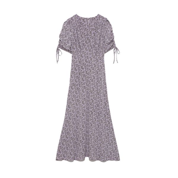 

2021kuzuwata v neck slim waist print trumpet dress 2021 spring summer japan style women dresses sweet puff short sleeve vestidos, Black;gray