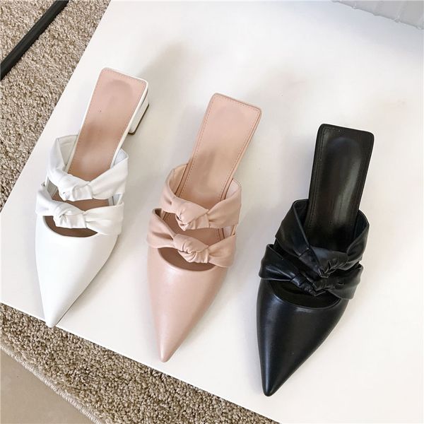 

2021 women slippers pointed toe mules slides slippers shoes woman thick low heel slip on female flat outdoor slides slippers, Black
