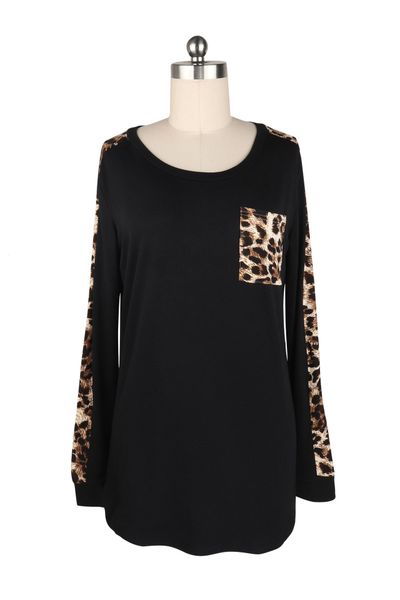 

women's spring autumn t-shirt long sleeves o-neck patchwork leopard shirt pocket basic female crop top, White