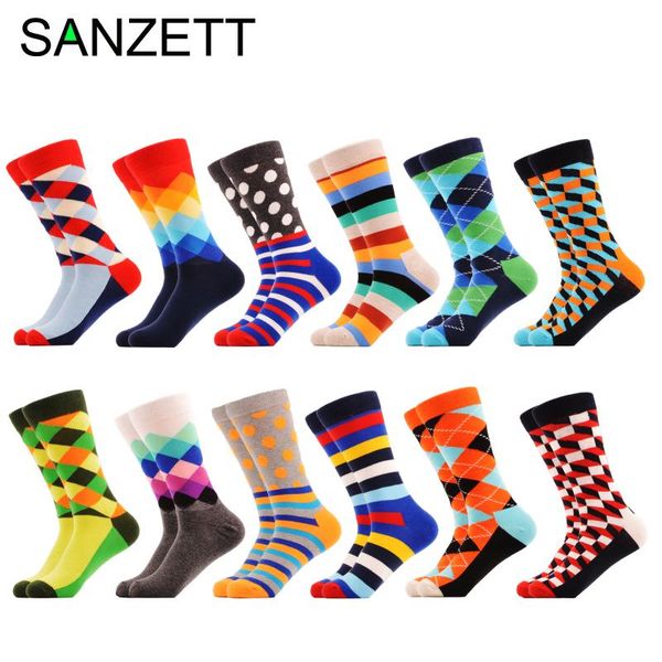 

men's socks sanzetti 5-12 pairs happy colorful men crew novelty skateboard geometric fruit gifts combed cotton male, Black
