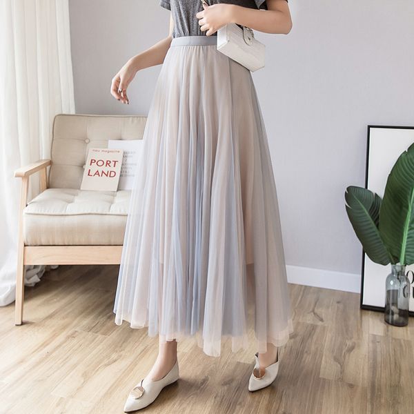 

skirts high waist patchwork maxi tulle women's autumn contrast color gradient a-line flared ankle long mesh skirt, Black