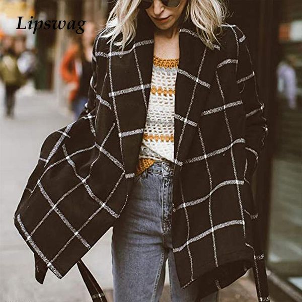 

women lace-up belt patchwork jacket vintage plaid turn-down collar shirt office lady loose long sleeve pocket outerwear women's jackets, Black;brown