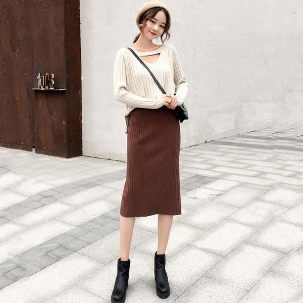 

skirts autumn winter long knitted skirt women pencil midi elegant short wrap ladies high waist black vintage