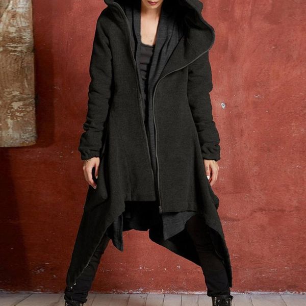 

women's trench coats coat women plus size winter thicken fleece warm goth fashion asymmetric long overcoat gray hooded street casual ou, Tan;black