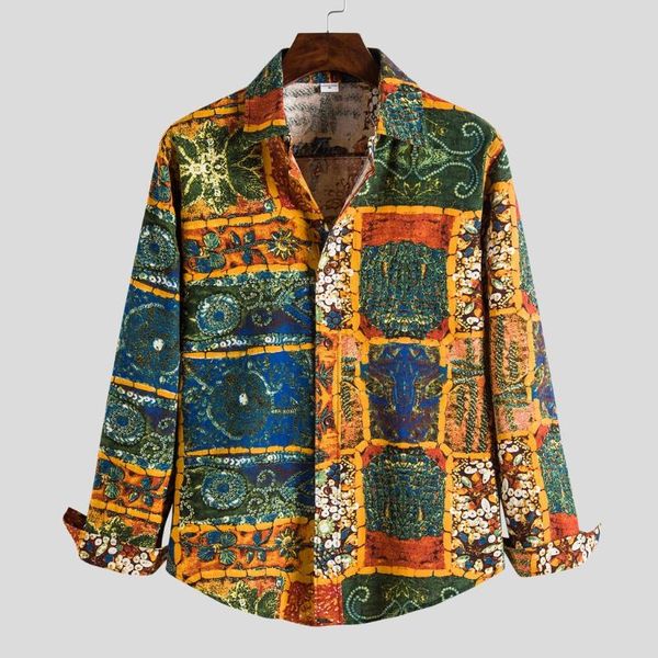 

long sleeve shirt mens fashion linen ethnic slim fit shirts for men streetwear casual hawaiian printing blouse chemise homme men's, White;black