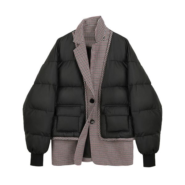 

women's jacket oversize outwear plaid stitching black lapel long sleeve loose fit jacket fashion autumn winter 210923