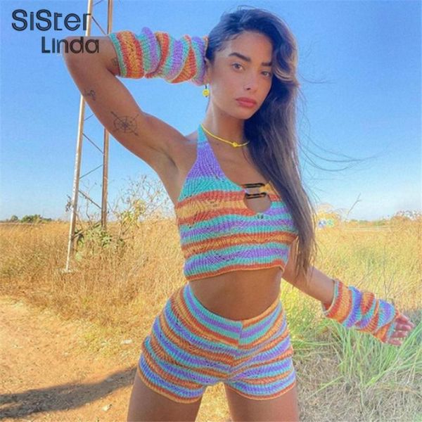 

women's tracksuits sisterlinda stripe colorful patchwork casual two piece set women knitted vintage halter with gloves+shorts matching, Gray