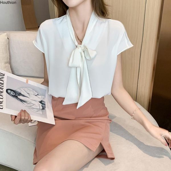 

women's blouses & shirts blouse chiffon v-neck summer short sleeve fashion shirt casual solid color bow houthion, White