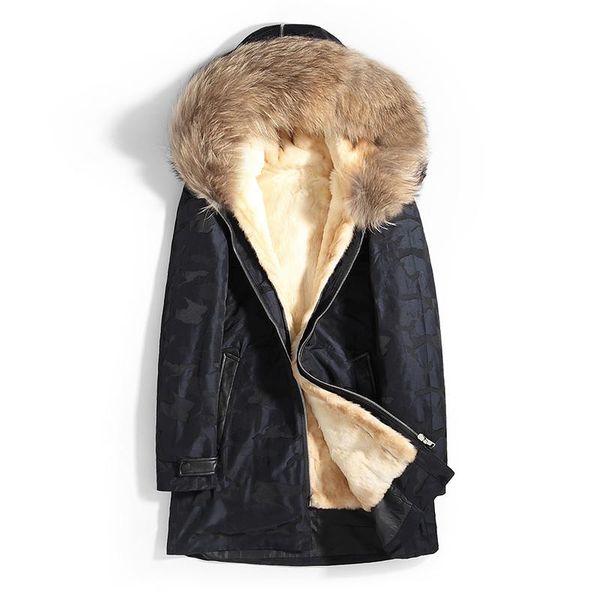 

men's leather & faux 2021 mens parka real fur coat men winter jacket hooded natural liner raccoon collar parkas 19963-1 kj3449, Black