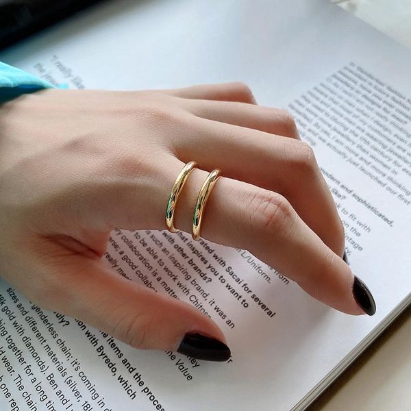 

silvology 925 sterling silver double layer line rings elegant glossy wide for women simple jewelry bijoux pour femmes cluster, Golden;silver