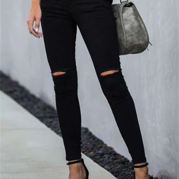 

women's jeans autumn and winter commuting black hole denim trousers worn out small leggings corset female pencil pants x9x1, Blue