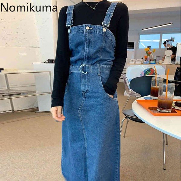 

nomikuma women elegant korean two pieces outfits long sleeve o-neck slim t shirt + belt slim waist split demin strap dress 6c163 210427, White