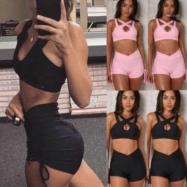 

women tank high waist shorts suit strap sport yoga set gym running sportwear casual ladies fitness solid color1, White;red