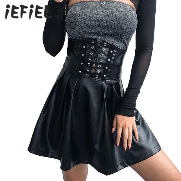 

skirts women faux leather leotard lace-up skirt fashion gothic punk high waist pleated miniskirt casual party clubwear for nightclub, Black