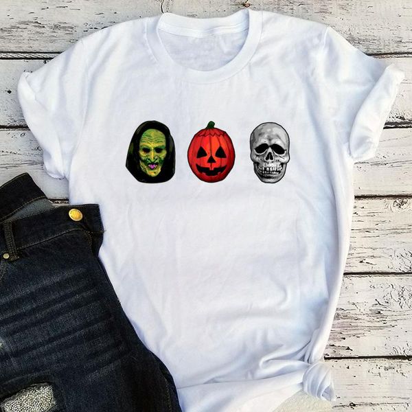 Damen T-Shirt Halloween Masken Grafik Tees Frauen Hexe Kürbis und Totenkopf Tops Vintage Streetwear 2021 Gothic Kleidung XL