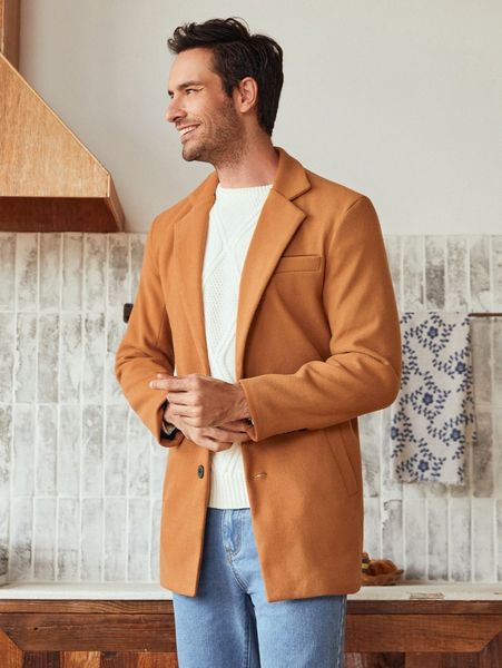 

men lapel collar button front overcoat z0ud#, Black;brown