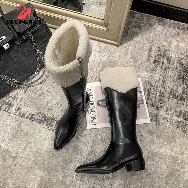 

boots 2021 listing winter women snow 100% wool british style warm shoes natural genuine leather fur knee-high, Black