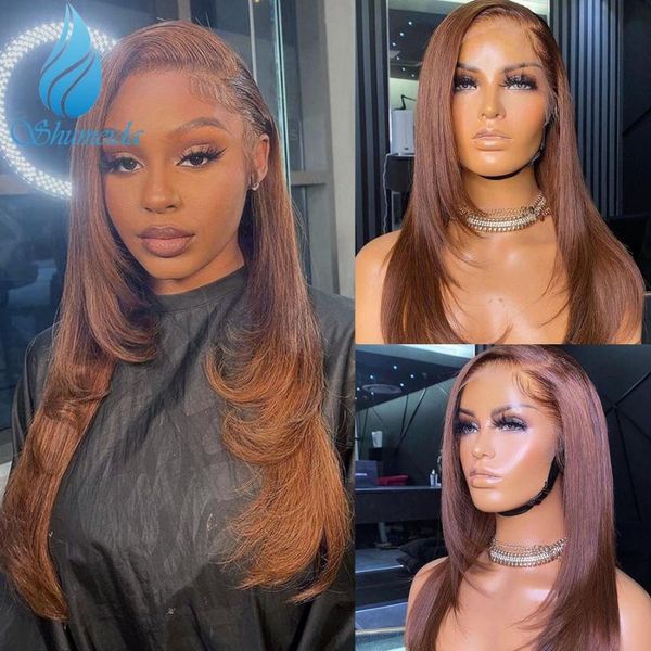 

lace wigs shumeida brown color 13*4 front pre plucked brazilian straight human hair wig remy glueless for women baby, Black;brown