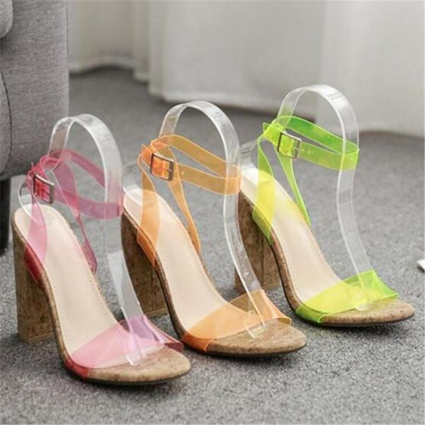 

women sandals pvc buckle strap .5cm square heel high heels round toe shallow shoes sandalias mujer 2021 size 35-42, Black