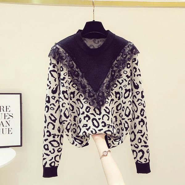 

women's sweaters 2021 trend sweater woman leopard patched lace fashion girls winter bottom o neck women knitted shirt, White;black