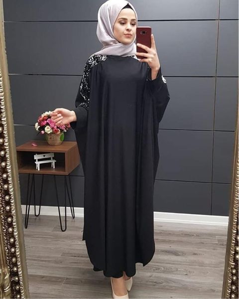 

casual dresses plus size islamic clothing muslim dress women dubai turkish long robe kimono sequin ethnic style seven-point sleeve wild, Black;gray