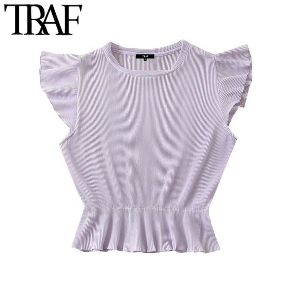 

traf women sweet fashion ruffled pleated blouses vintage o neck sleeveless female shirts blusas chic 210415, White