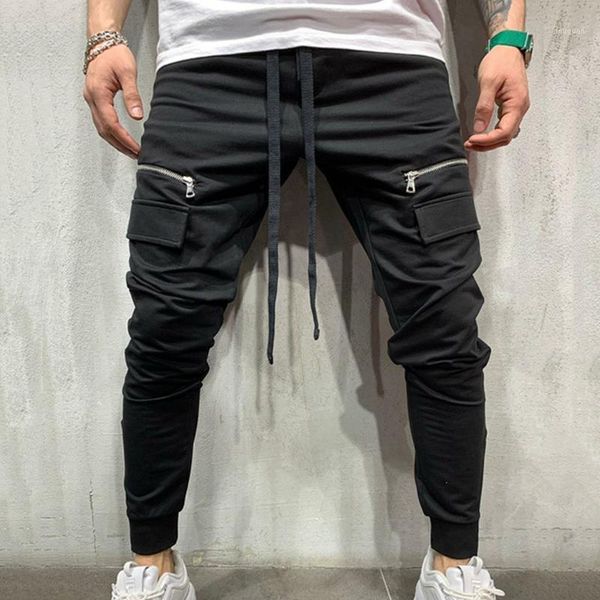 

men's pants cargo winter outdoor warm mid-waist drawstring sport sweatpants male casual zipper pocket fitness trousers, Black
