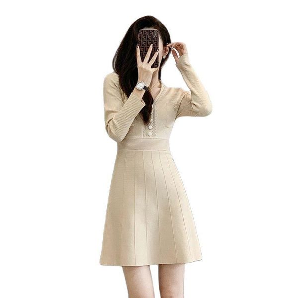 

casual dresses temperament knitted dress 2021 autumn and winter waist long-sleeved v-neck a-line fashionable women's clothing, Black;gray