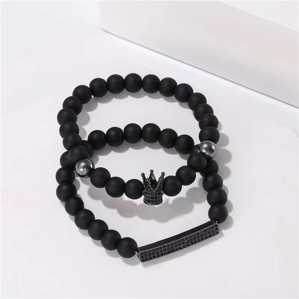 

beaded, strands 2pc/s fashion 8mm black froosted beaded men's bracelet zircon crown long elastic bracelets for men charm male jewelery