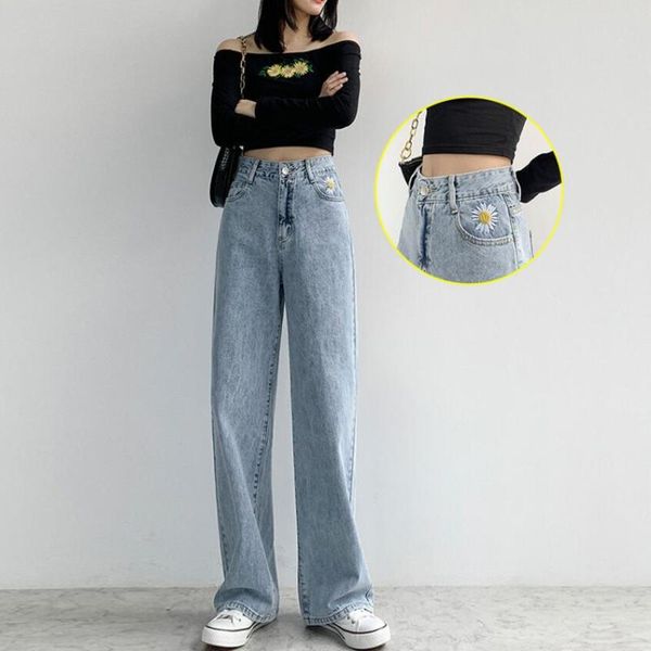 

women's jeans 2021 wide-leg female loose was thin for woman high waist daisy embroidery trousers preppy style flare pants, Blue