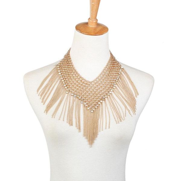 

bohemian long tassel choker necklace fashion for women jewelry nightclub multilayer rhinestone chokers, Golden;silver