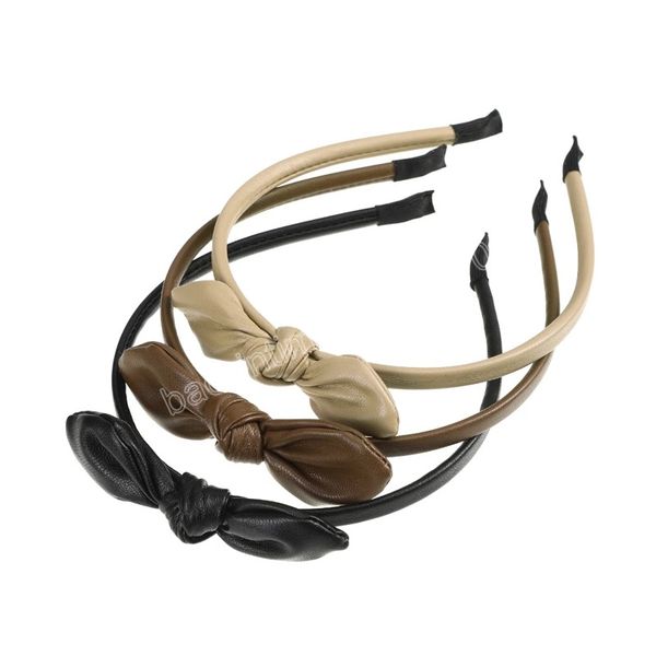 

fashion girls headband handmade leather bow ornament hairband women middle knot turban hair accessories, Slivery;white