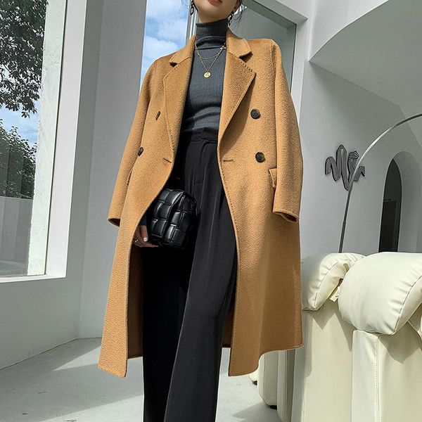 

women's wool & blends in autumn and winter, fashionable cashmere coat has long water ripple, Black