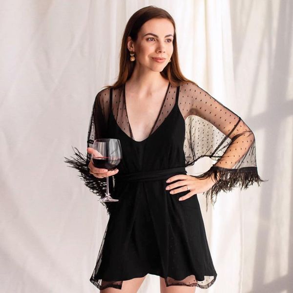 

women's sleepwear female v neck spaghetti strap night dress 2 piece set lace mesh robes loose sashes three quarter sleeve suits white b, Black;red