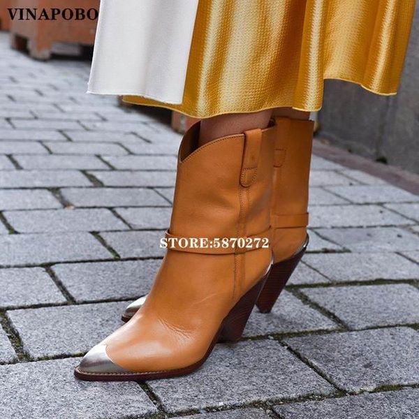 

boots women genuine leather high heels ankle pointed toe autumn winter fashion square heel metal decoration snow, Black