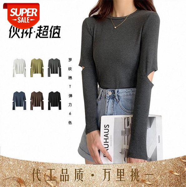 

[ou fan] 7443 niche design sleeve hole mask bottoming shirt korean long-sleeved t-shirt #rc8z, Black;gray