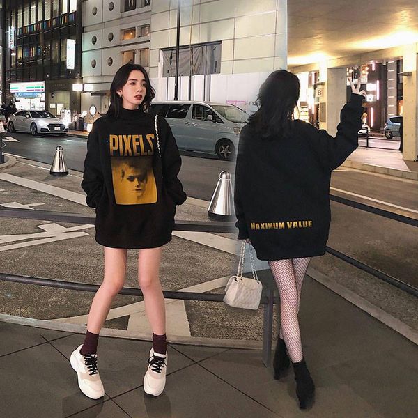 

women's hoodies & sweatshirts fashion women turtleneck plus velvet warm harajuku printed hoodie streetwear pullovers womens oversize ja, Black