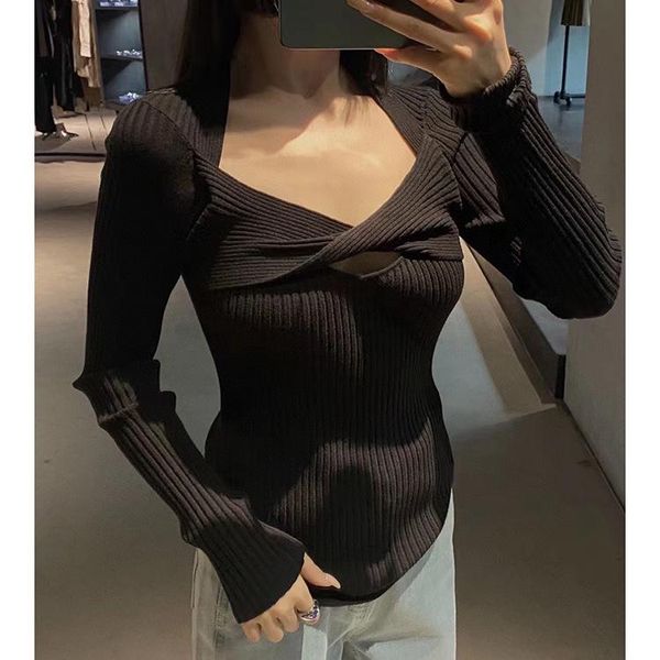 

women's sweaters niche design 2021 autumn and winter cross neckline pits thread slimming pullover sweater for woman, White;black